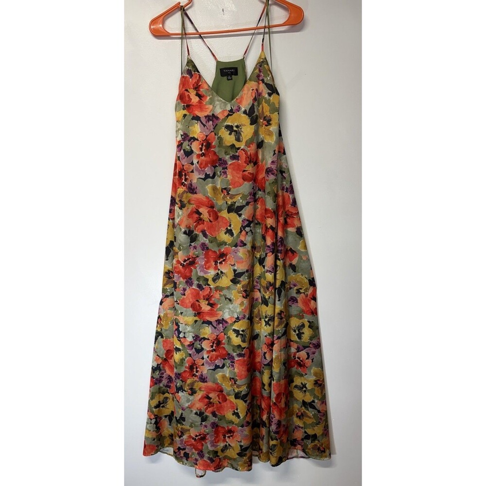 TAHARI ASL Women’s Sleeveless Floral Print Satin Maxi Dress V- Neck Sz L